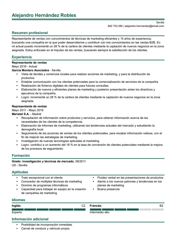 Plantilla de currículum para vendedor